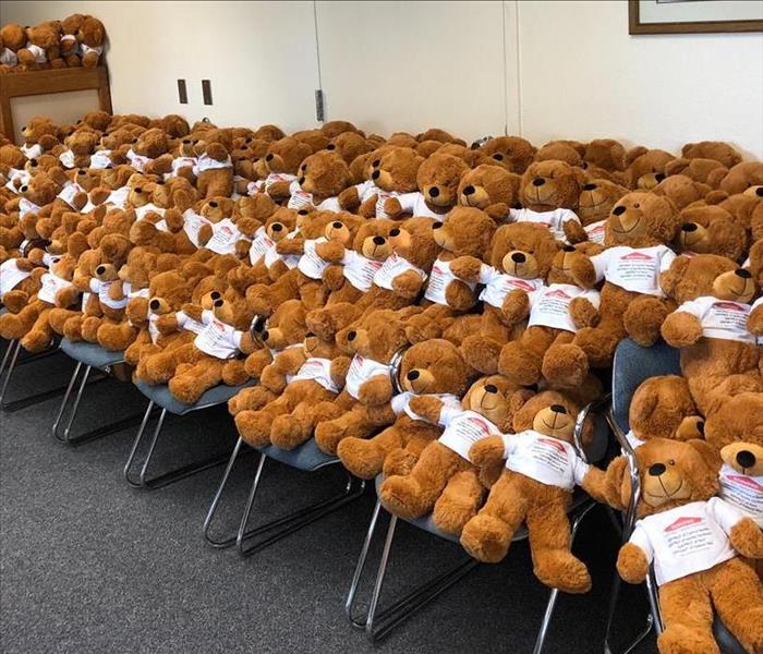 a lot of teddy bears in SERVPRO shirts sitting on chairs